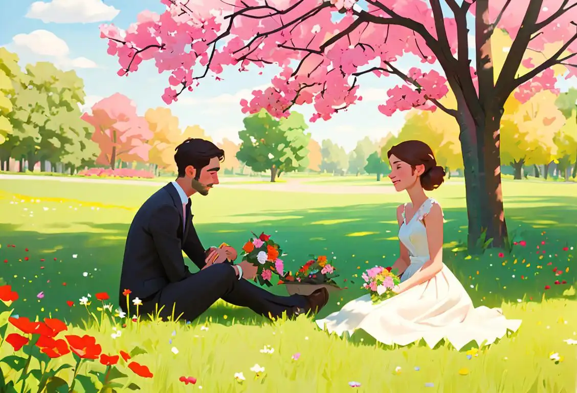Adorable couple sitting in a park, one holding a bouquet of wildflowers,  wearing matching outfits, surrounded by nature's beauty..