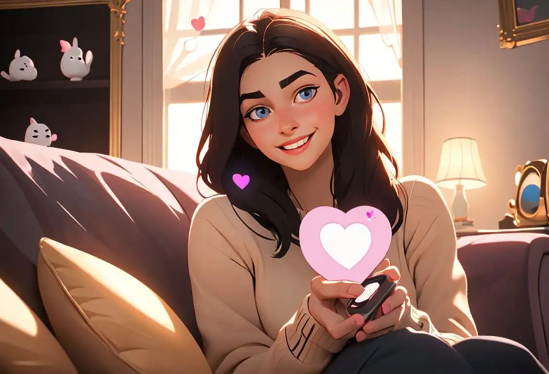 Young woman holding a smartphone, smiling, surrounded by heart emojis, cozy living room setting with soft lighting..