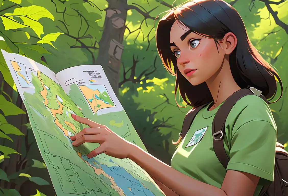 Young woman wearing a national park t-shirt, holding a trail map, surrounded by lush greenery and hiking gear..