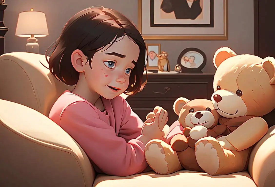 Happy child holding a teddy bear tightly, surrounded by a caring and watchful family, cozy living room scene..