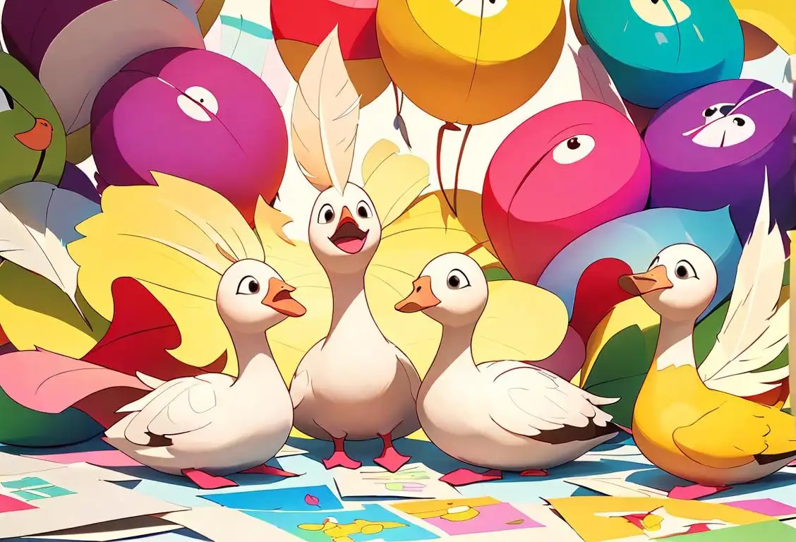 Illustration of a group of joyful children surrounded by sheets of colorful paper, laughing and crafting together, with decorative feather accessories and a goose mascot in the background..