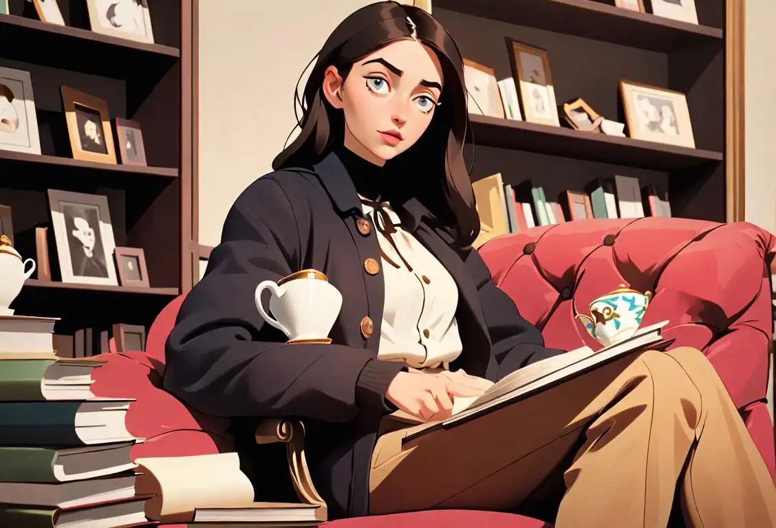 Young woman with a stylish outfit, holding a book, sitting in a cozy bookstore with a cup of tea, celebrating National Middle Name Day.