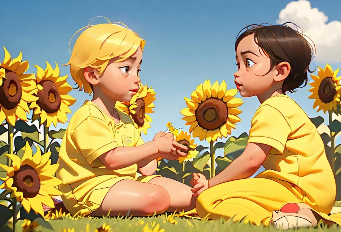 Young children and adults wearing yellow clothes, with sunflowers in the background, enjoying a picnic in a sunny park..