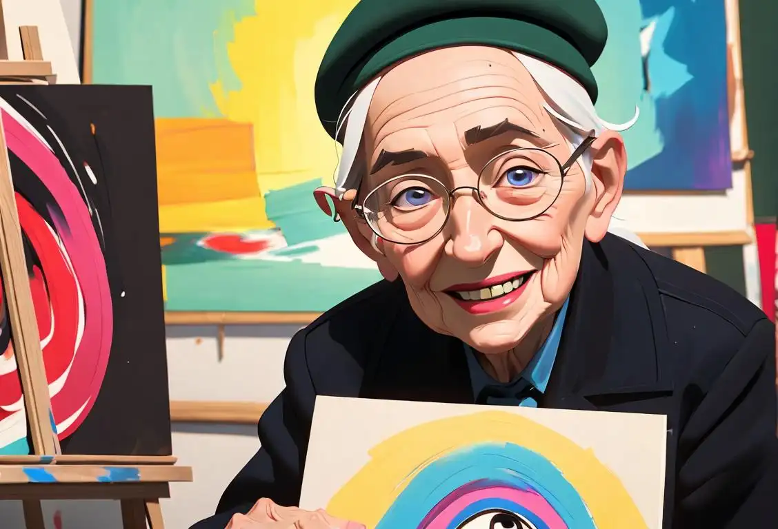 Elderly painter smiling, wearing a beret, surrounded by vibrant colors in an art studio..