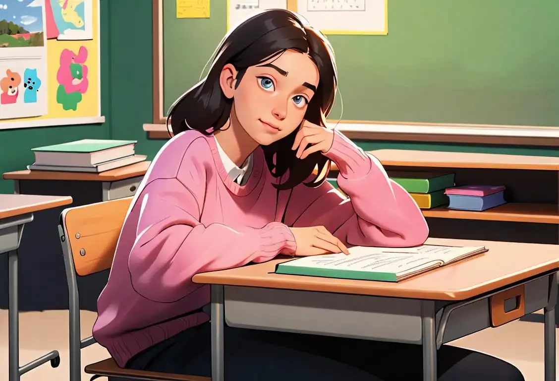 A teaching assistant, wearing a cozy sweater, sitting at a desk in a classroom filled with colorful educational materials..