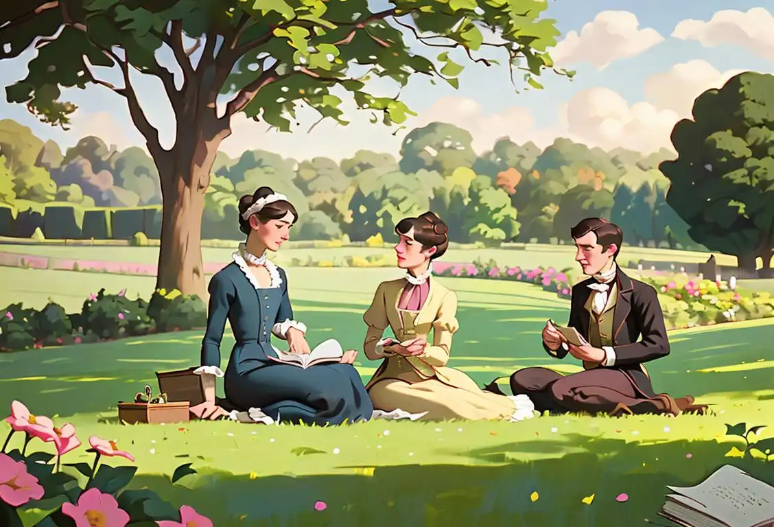 Romantic picnic in a garden with a book, vintage clothing, Jane Austen-inspired fashion, idyllic countryside backdrop..
