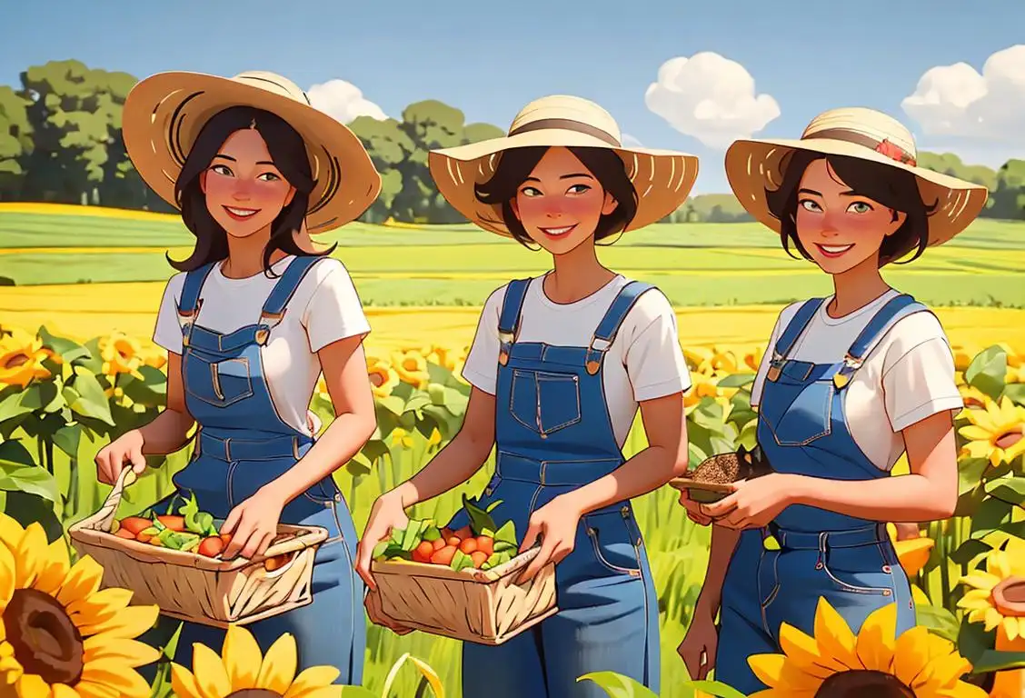 A group of joyful farmers in sun hats and overalls gathering and celebrating a bountiful harvest on a sunny farm surrounded by fields of crops..