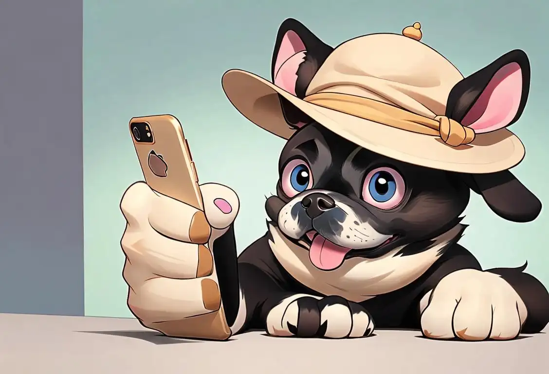 A cute dog wearing a fashionable hat, using a smartphone with its paws, giving a thumbs-up surrounded by modern technology..