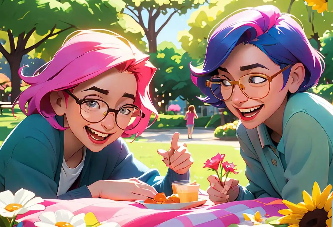 Two joyful friends, one with colorful hair and the other with nerdy glasses, laughing together in a sunny park, surrounded by flowers and a picnic blanket..