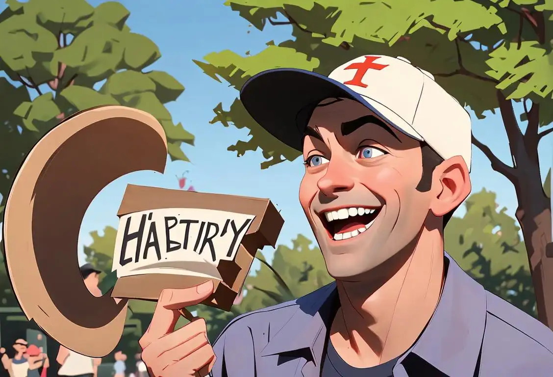 Young man named Jeff, wearing a baseball cap, holding a sign that says 'Happy National Jeff Day!' in a park surrounded by friends with the name Jeff, laughing and enjoying themselves..