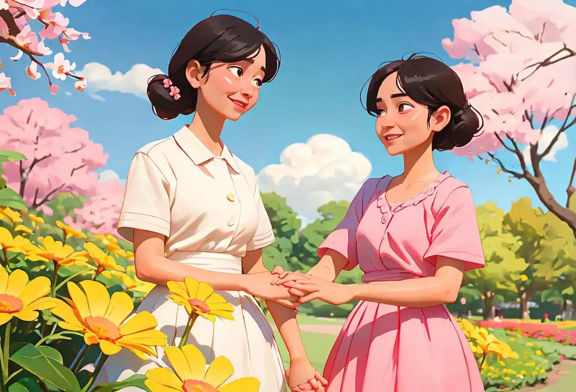 Two people holding hands tightly, with brightly colored friendship bracelets, a sunny park with blooming flowers in the background..