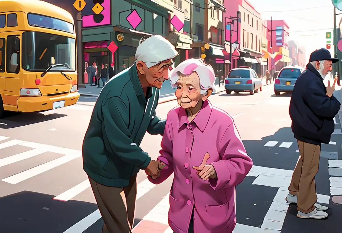 A kind-hearted individual helping an elderly person cross the street in a colorful urban setting..
