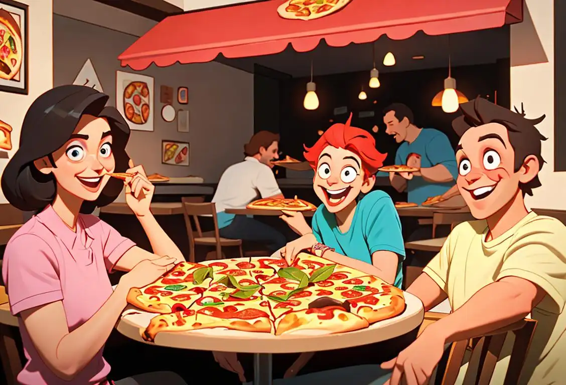 Happy individuals enjoying a variety of pizzas, wearing casual attire, in a lively pizzeria surrounded by pizza boxes and laughter..