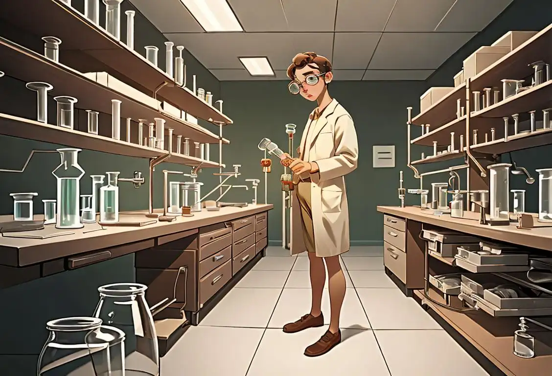 Young scientist with safety goggles, standing in a laboratory filled with beakers, test tubes and scientific equipment..