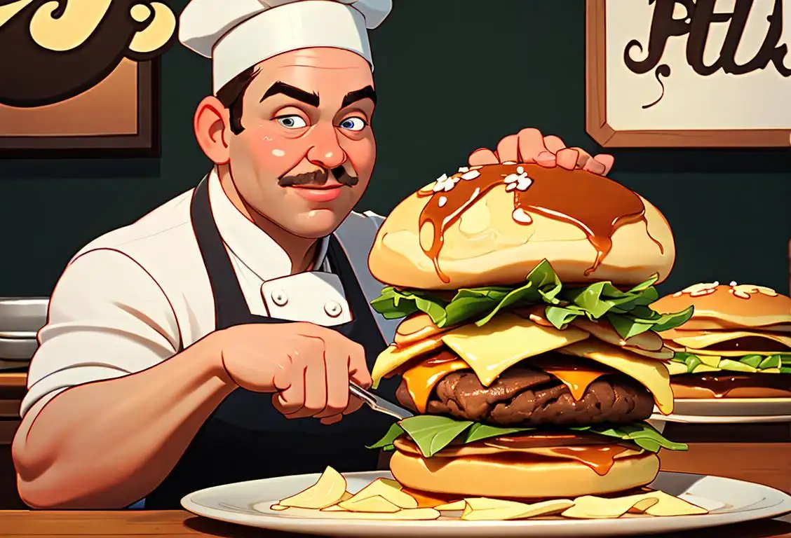 A friendly chef holding a pancake burger, wearing a chef hat and apron, cozy diner setting, vintage-style decorations..