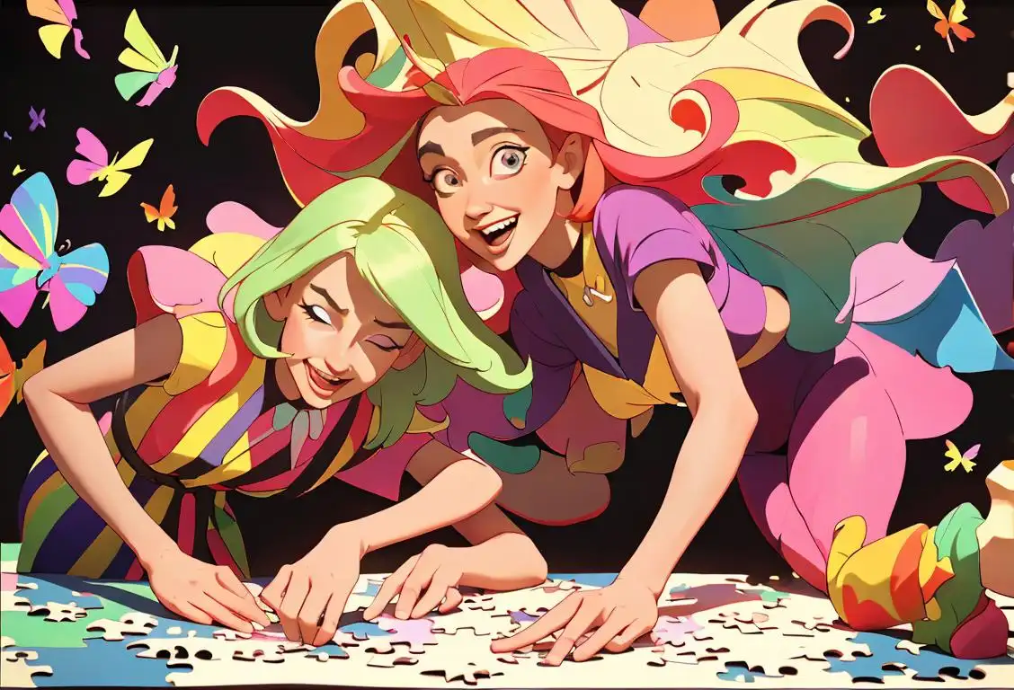 Colorful jigsaw puzzle pieces flying through the air, joyful individuals of various ages, fashion styles, and backgrounds assembling the puzzle together in a cheerful, well-lit room..