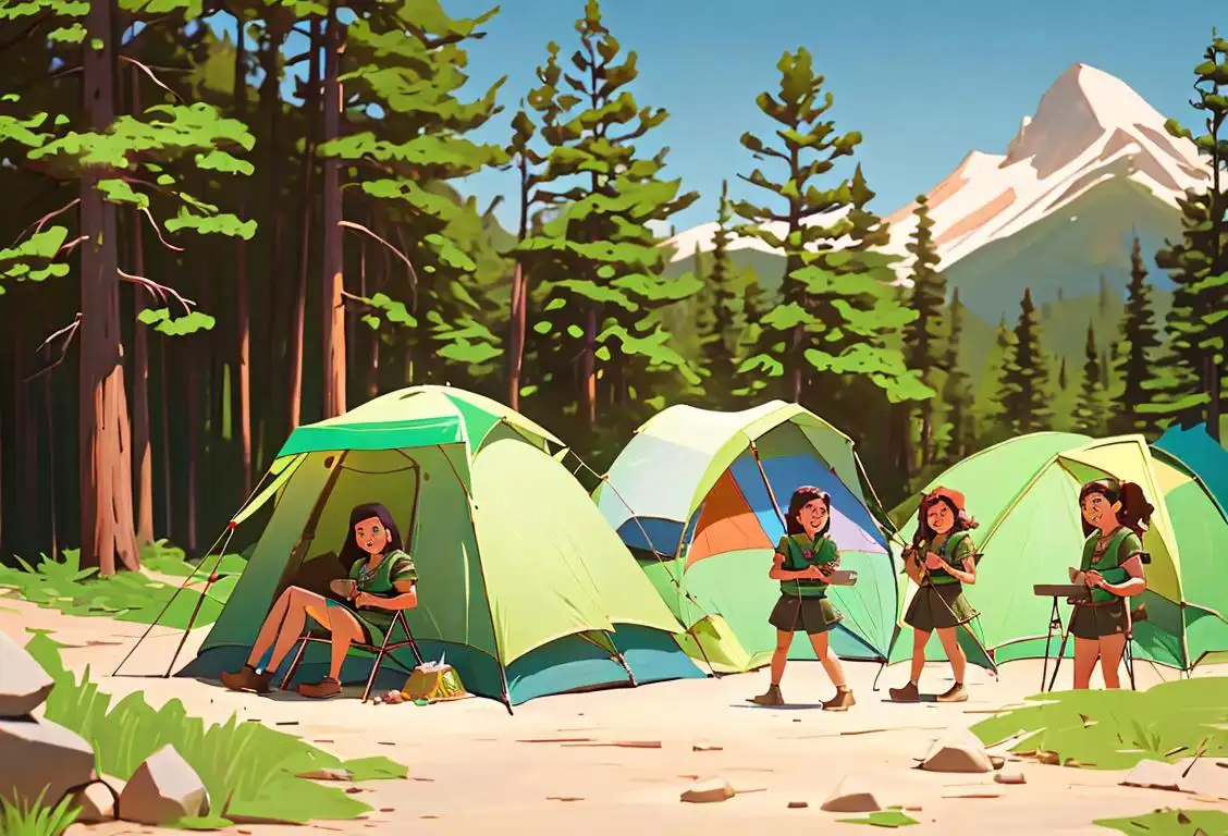 A diverse group of girls wearing Girl Scout uniforms, engaging in various activities such as camping, hiking, and selling cookies, in a natural outdoor setting..