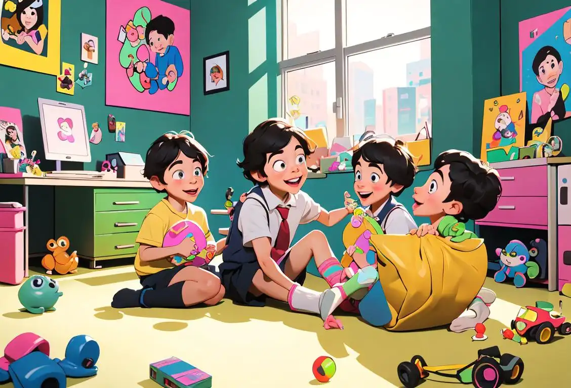 A group of kids in colorful mismatched socks, exploring an office filled with toys and curious gadgets, surrounded by smiling adults in professional attire..