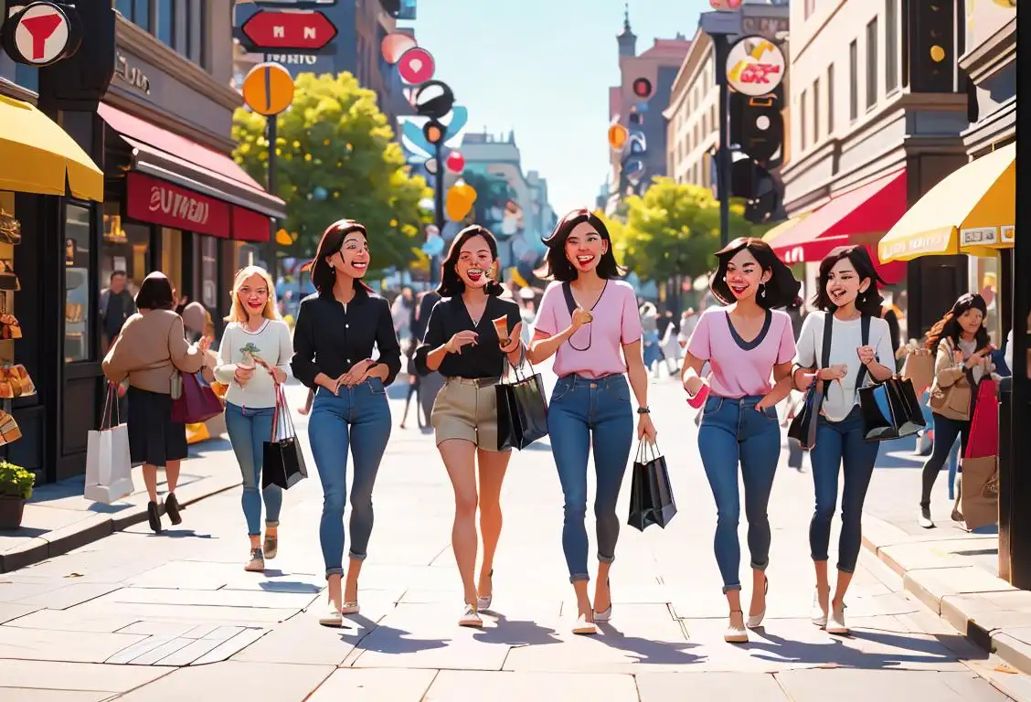 A diverse group of people excitedly holding shopping bags and smiling, dressed in trendy outfits, walking through a vibrant city street on National Cash Back Day..