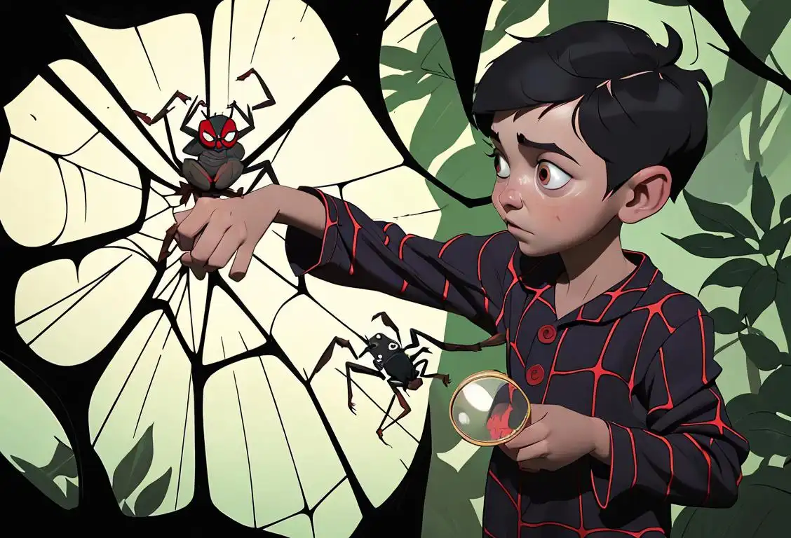 A child holding a magnifying glass, wearing spider-themed pajamas, exploring a spiderweb in a mysterious forest.