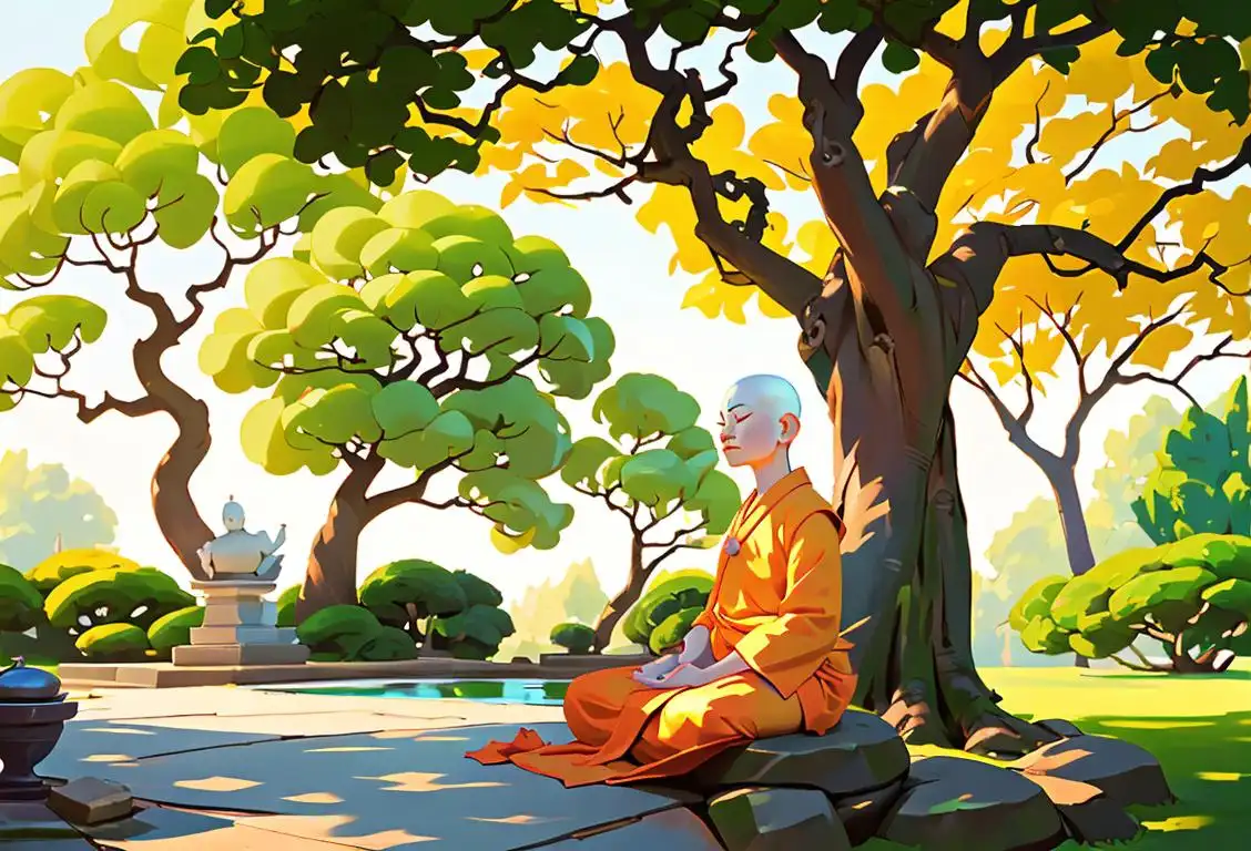 Image of a serene person meditating under a Bodhi tree, wearing traditional Buddhist robes, peaceful garden setting..