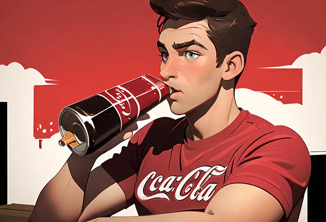 Young man wearing a Coca Cola t-shirt, drinking a can of coke, surrounded by vintage coke memorabilia..