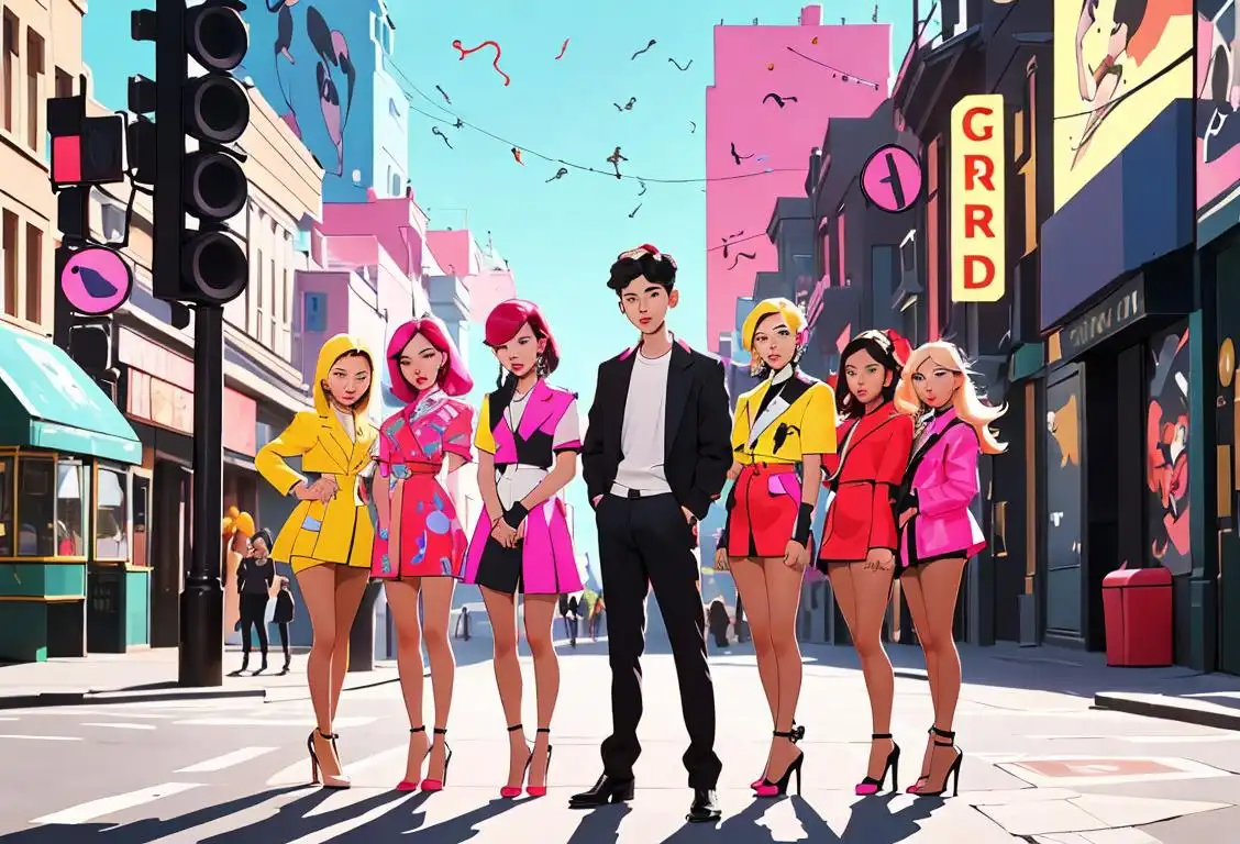 A diverse group of boy and girl groups standing on a vibrant city street, wearing stylish outfits, surrounded by music notes and microphones..