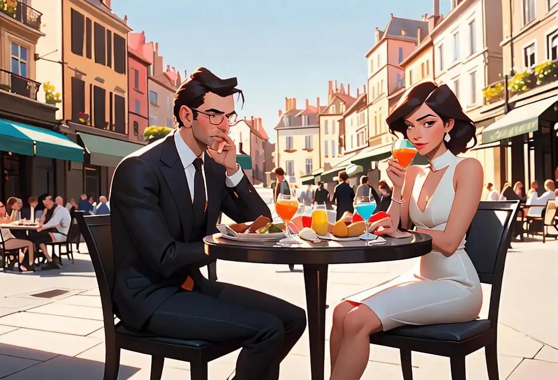 Sophisticated man and woman sitting in a sunlit outdoor cafe, sipping aperitifs, wearing fashionable outfits, European city backdrop..