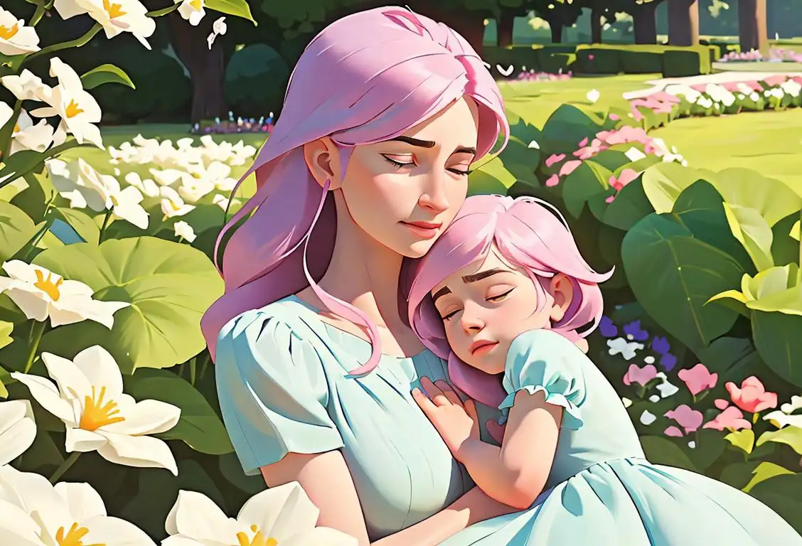A caring and loving mother surrounded by beautiful flowers, wearing a soft pastel dress, in a serene garden setting..