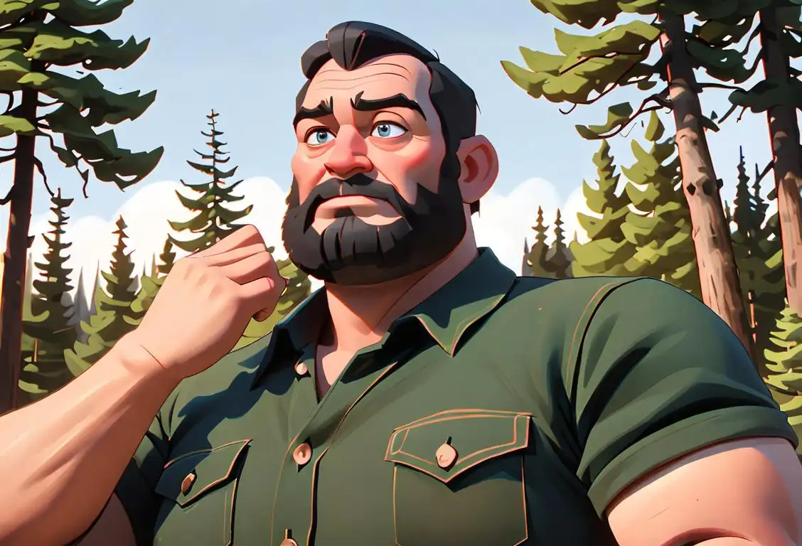 A larger-than-life man in flannel shirt and a mighty axe, surrounded by towering trees and a rustic cabin..