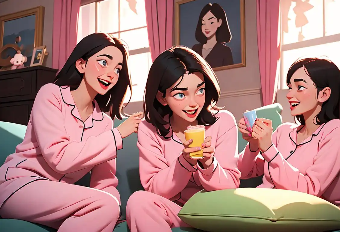 Young woman surrounded by her single girlfriends, wearing matching pajamas, having fun and laughing together, cozy living room setting..