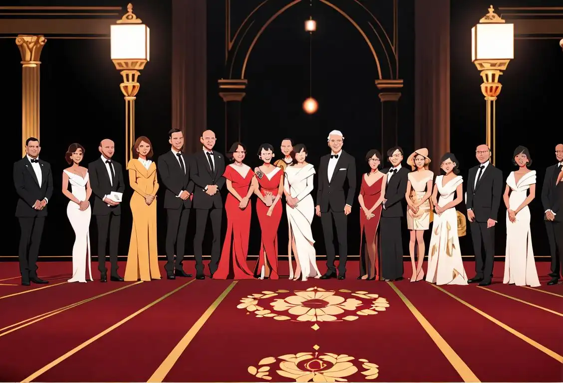 Diverse group of individuals, dressed in elegant attire, holding various national/international awards, surrounded by a red carpet and flashing cameras..