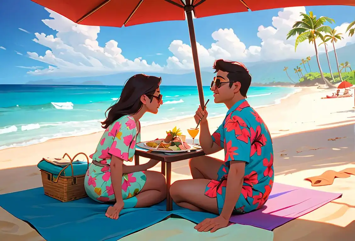 Young couple having a romantic picnic by the beach, enjoying delicious Tahulan dishes, wearing Hawaiian shirts and sunglasses, tropical ocean backdrop..
