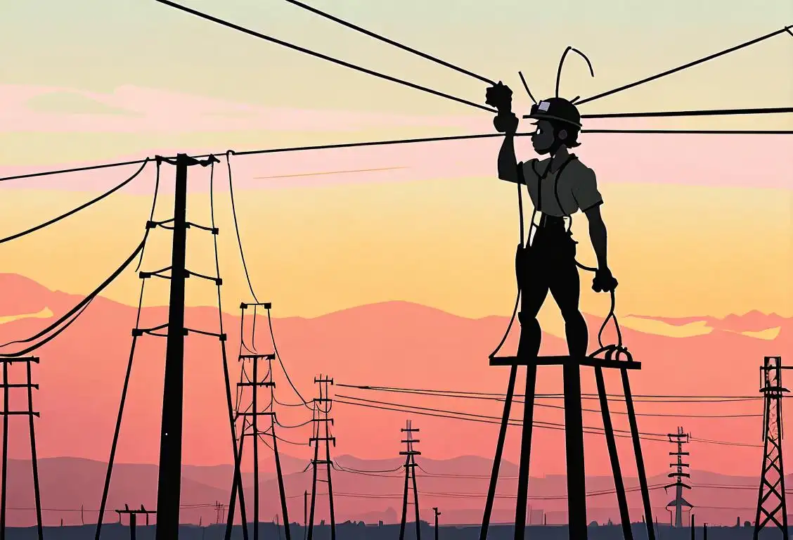 A lineworker hero standing tall amidst electrical towers, wearing safety gear, in a picturesque sunset backdrop..