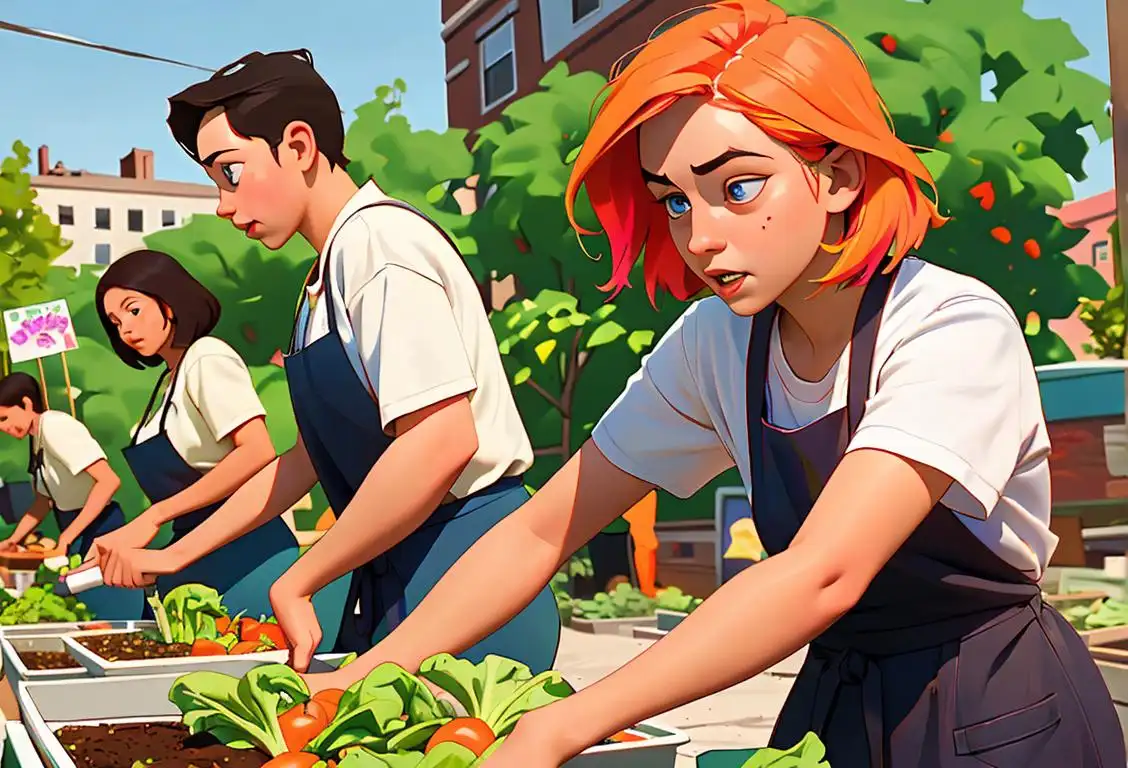 Young people at a food drive event, wearing aprons, planting vegetables in a community garden, with a colorful mural in the background..