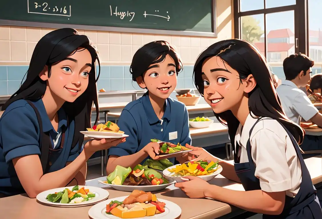 A friendly cafeteria worker serving a plate of nutritious food to a group of diverse and happy students, in a bright and welcoming school cafeteria..