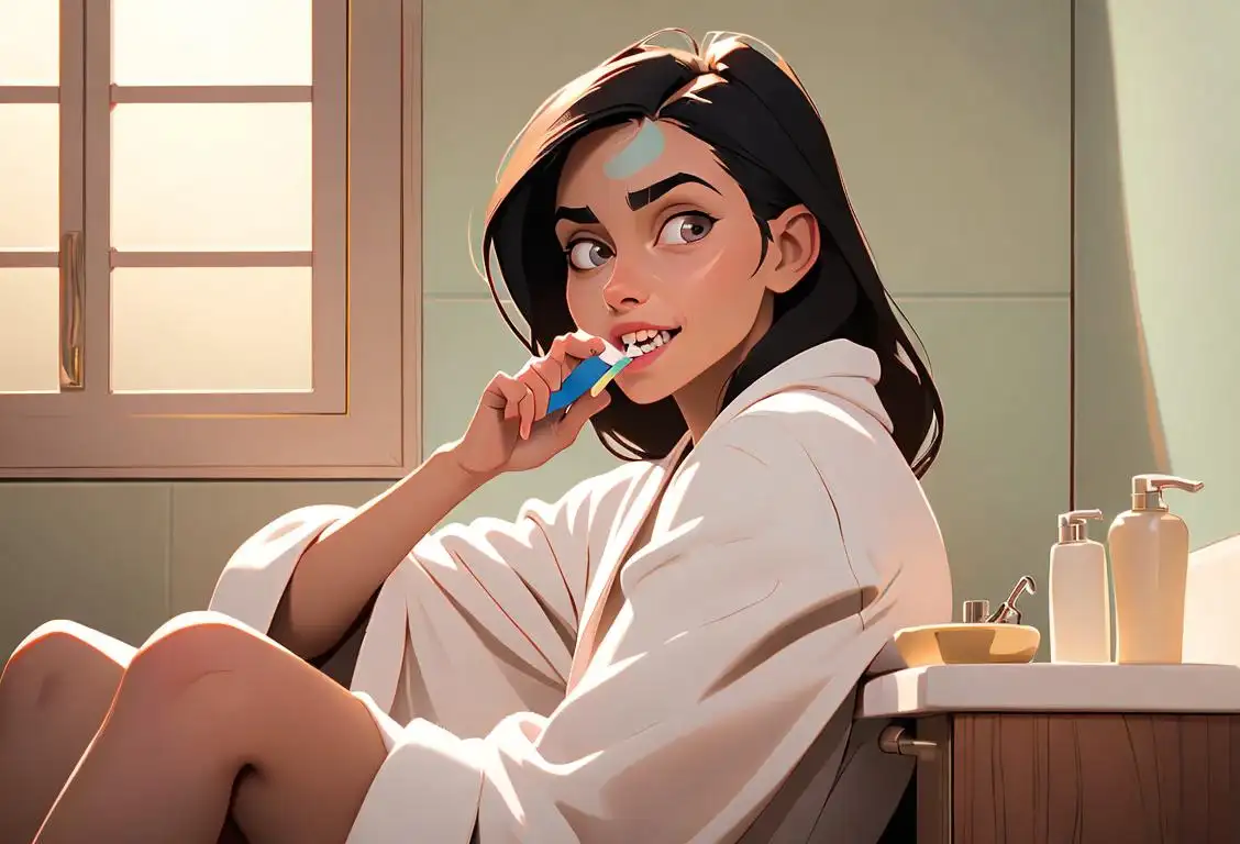 Young woman brushing her teeth, wearing a cozy robe, modern bathroom setting, morning routine vibes..