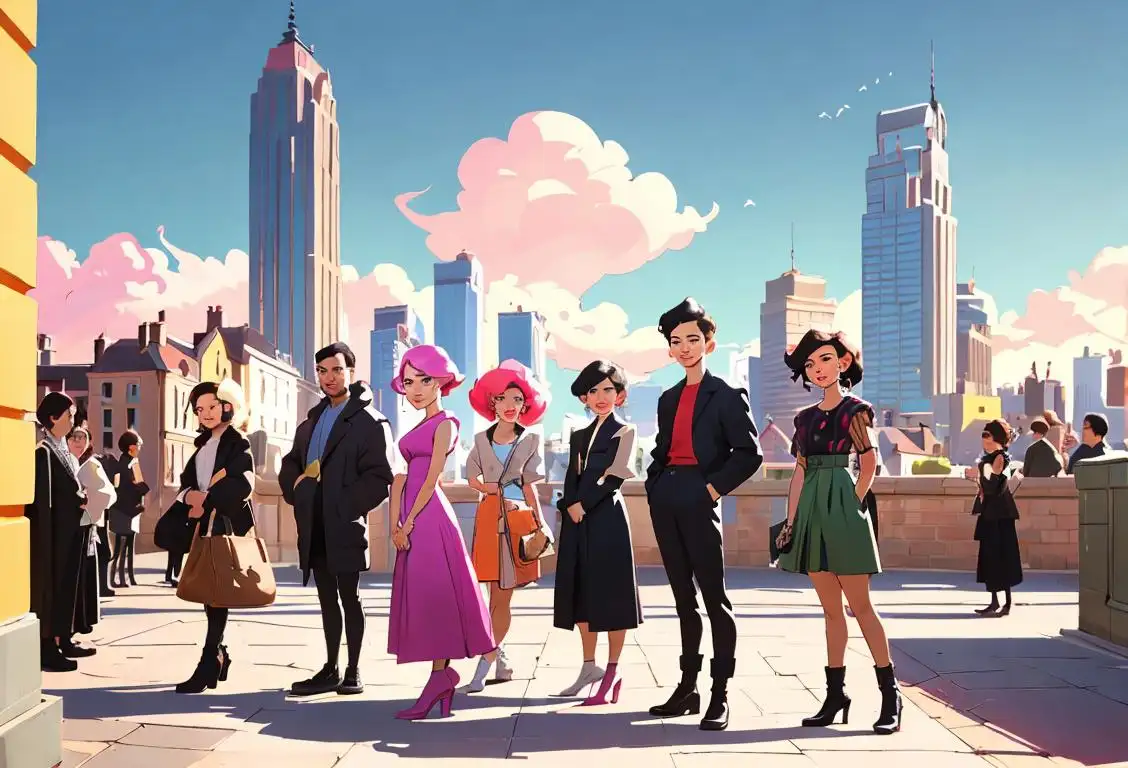 A diverse group of people with different hairstyles, wearing trendy outfits, and standing in front of a vibrant cityscape..