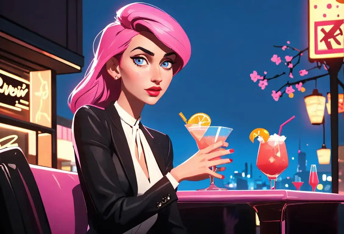 Young woman confidently holding a cosmopolitan cocktail, wearing a chic and stylish outfit, enjoying a vibrant city nightlife scene..