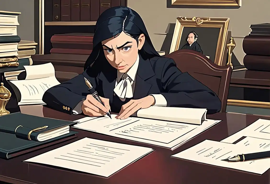 A professional-looking individual signing a legal document with a fountain pen, surrounded by stacks of paperwork and a courthouse in the background..