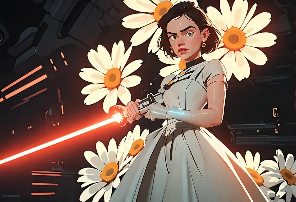 Daisy Ridley lookalike in a flowery dress, holding a lightsaber, futuristic science fiction background..