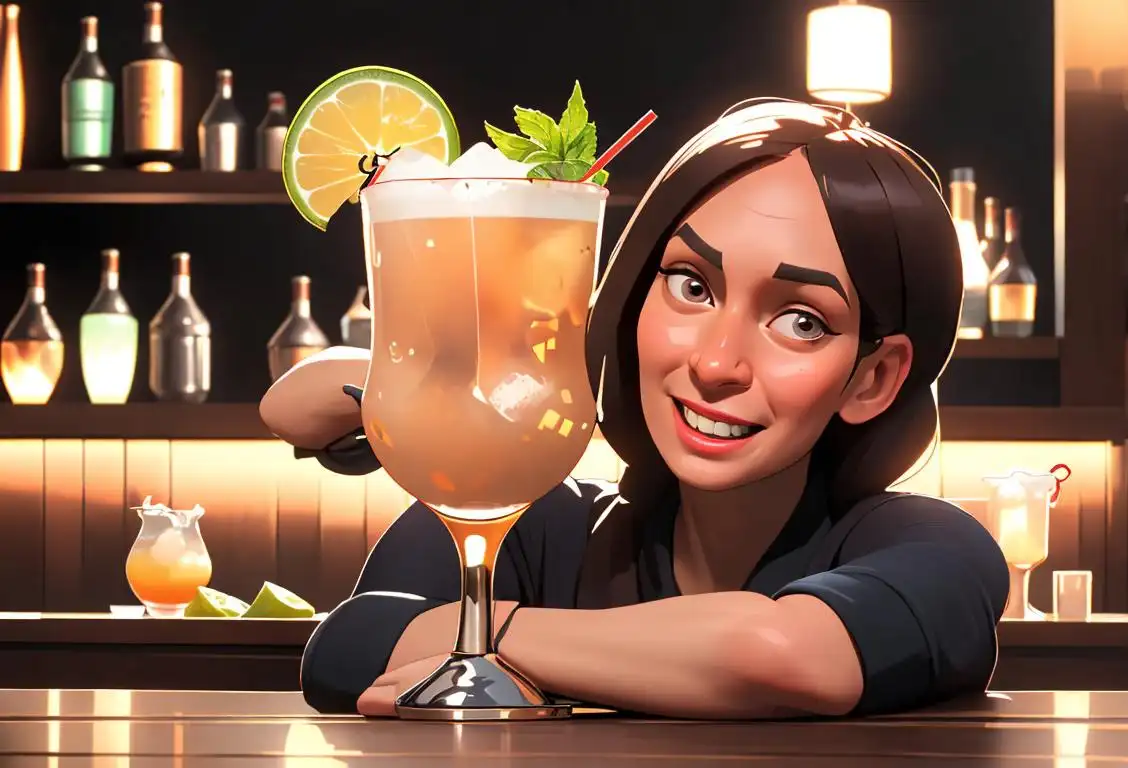 A joyful person sipping a Moscow Mule, trendy attire, vibrant cocktail bar atmosphere, capturing the essence of National Moscow Mule Day..