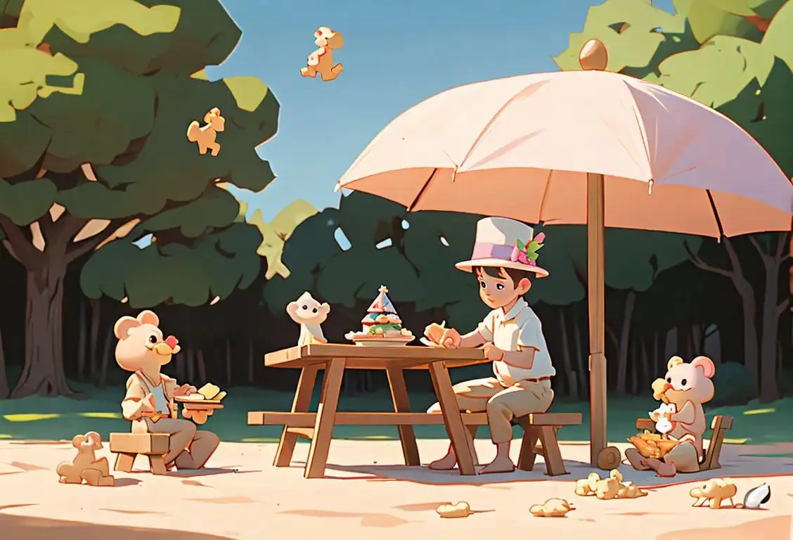 A child sitting at a picnic table, wearing a party hat, surrounded by animal crackers in different shapes and sizes..