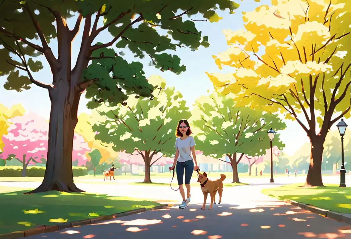 Person walking a dog on a sunny day, wearing sneakers, casual clothing, park setting..