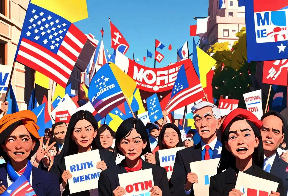 A diverse group of people in colorful attire, holding signs and waving flags, symbolizing the excitement and dedication of national election coverage, taking place in a bustling city setting..