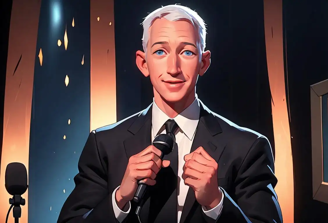 Image prompt for National Television Anderson Cooper Day: Confident man in a suit, holding a microphone, reporting in a bustling city, with smiling onlookers..
