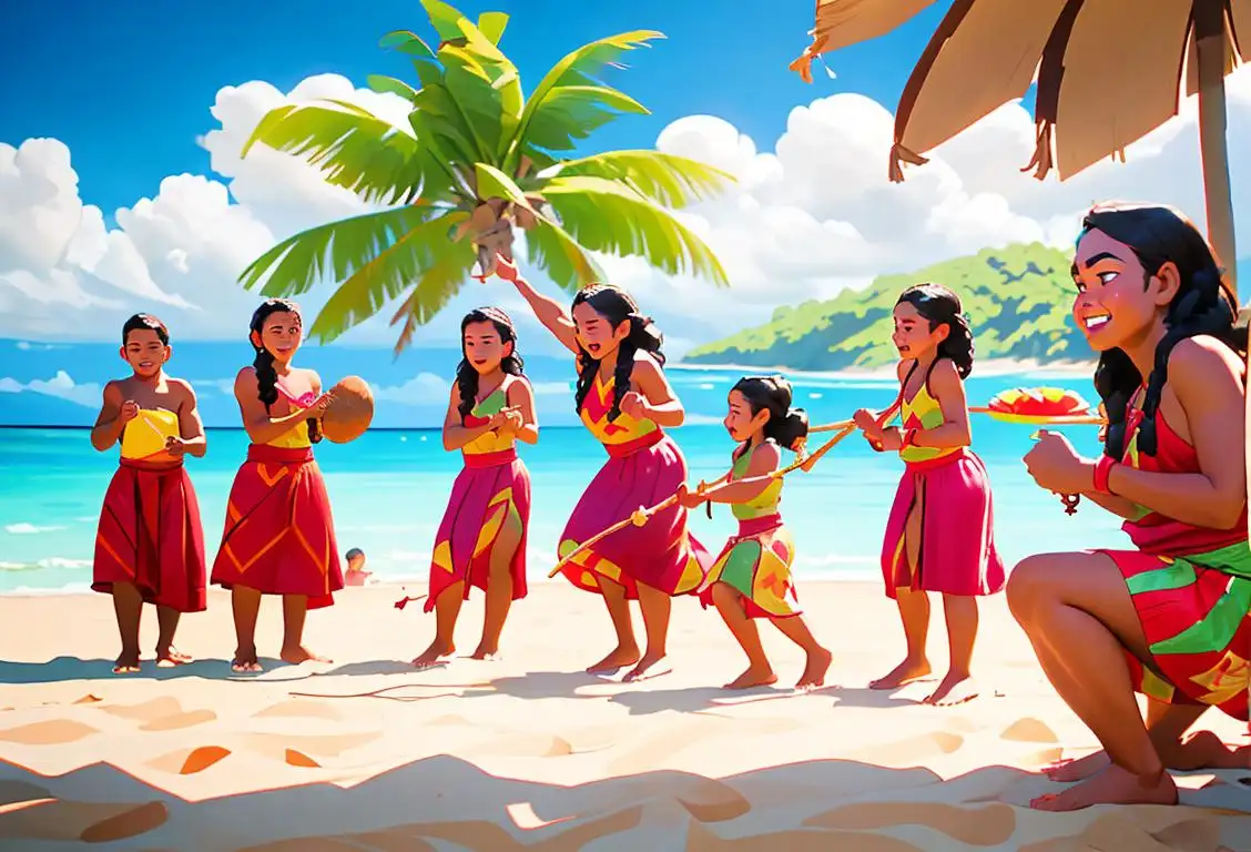 A joyful family gathering outdoors, traditional Tongan attire, vibrant colors, tropical beach setting, playing traditional Tongan games..