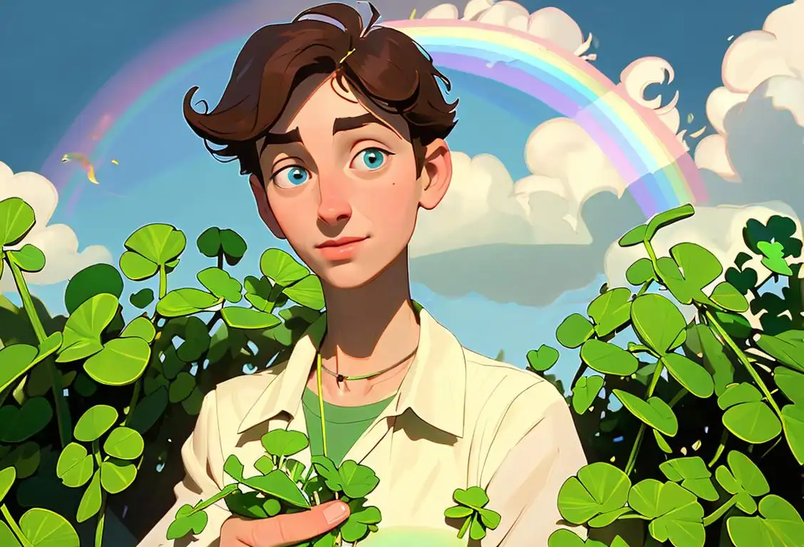 A person wearing a lucky charm necklace and holding a horseshoe, surrounded by a sea of four-leaf clovers. Garden setting with a rainbow in the background..