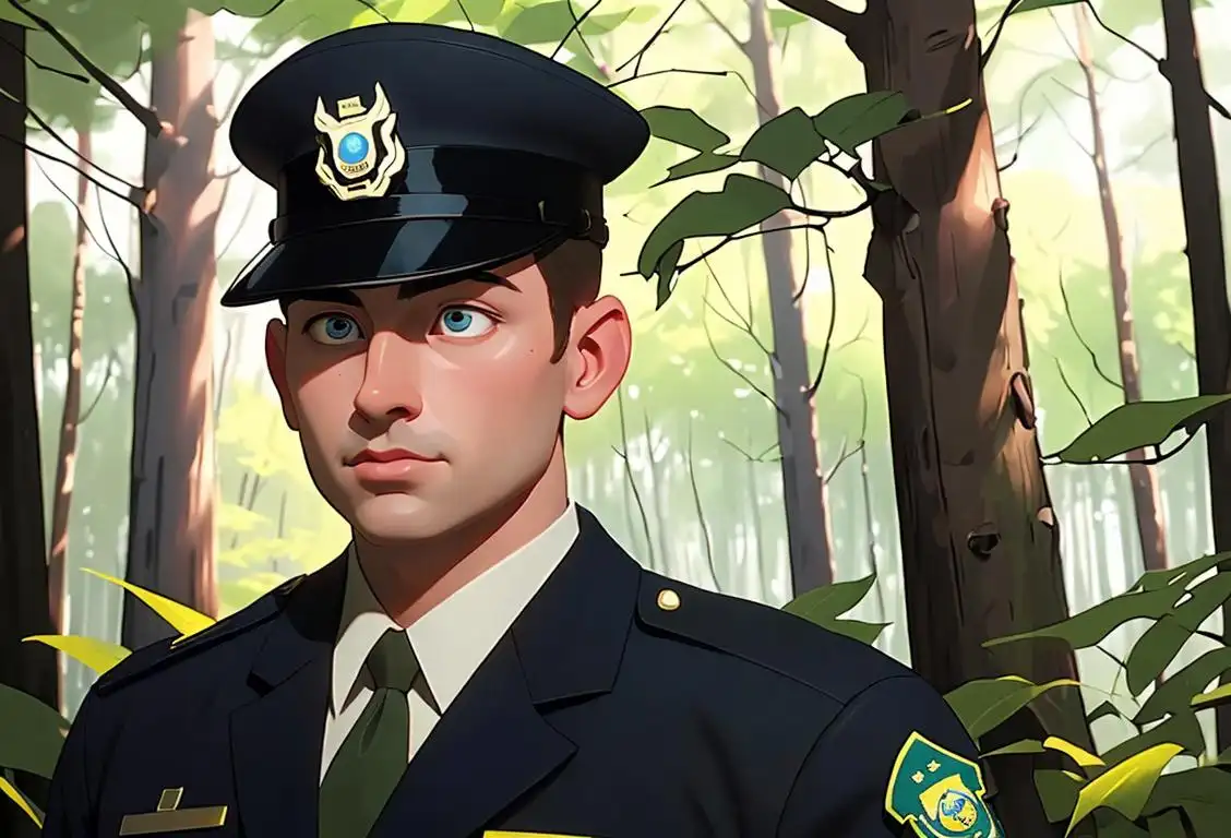A serene forest scene with a peace officer wearing a badge, embodying the spirit of National Peace Officer Day..