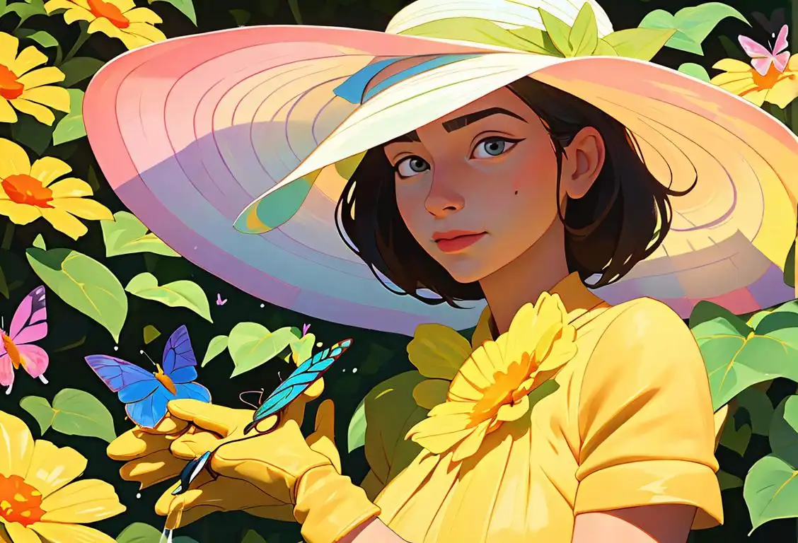 A person watering a vibrant flower garden, wearing a sun hat and gardening gloves, surrounded by colorful butterflies..